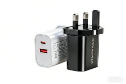 20W USB-C PD Fast Charger UK Plug | Dual Port USB-A & USB-C Power Adapter | For iPhone, Samsung, iPad & More | Black & White